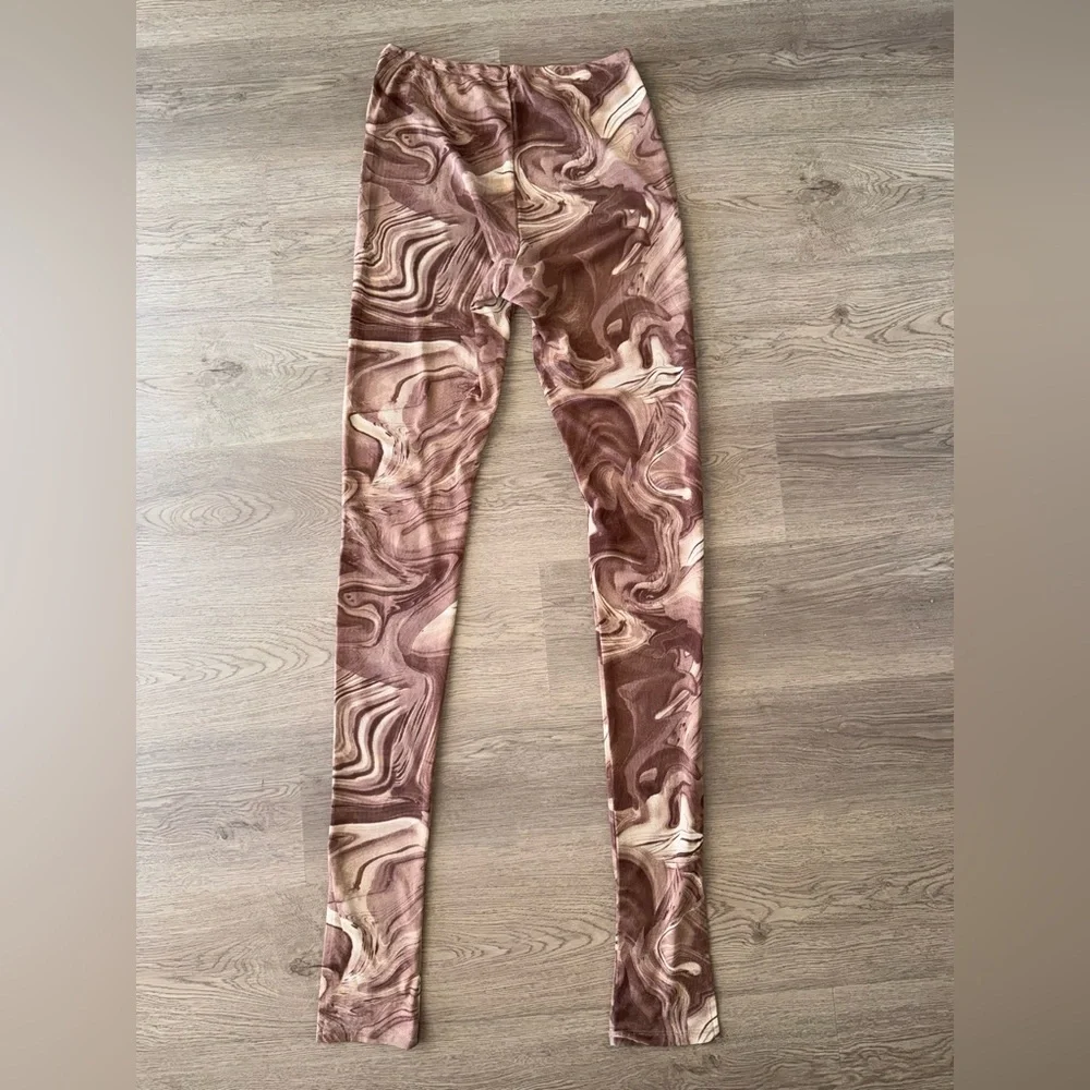 Naked Wardrobe Women’s Mesh Brown Leggings with Artistic Swirl Design-Sz Large - Picture 3 of 10